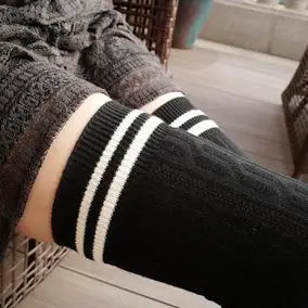 新品黑色条纹日系学生堆堆袜针织秋冬季保暖全棉长筒袜过膝大腿袜