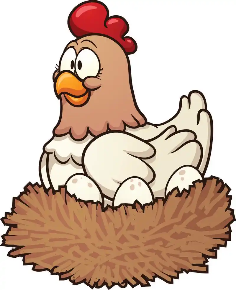 卡通母鸡,卡通母鸡的蛋在窝里.矢量剪辑艺术插画与简单的渐变.