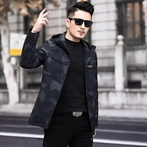yuansu中长款夹克男春秋季新款连帽休闲迷彩风衣青年男士春装上衣外套