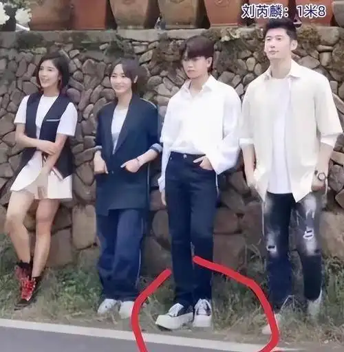 即使和身高一米八的刘芮麟合照时,任嘉伦仍然穿着"恨天高"鞋,但依然比
