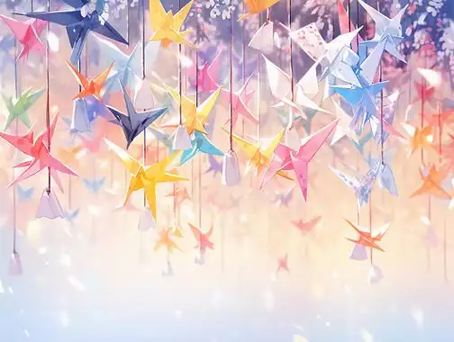 千纸鹤许多千纸鹤挂在空中场景插画梦幻唯美手绘水彩插画背景图