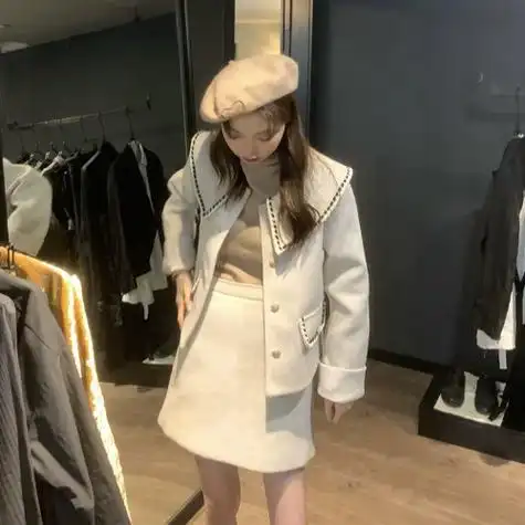 秋冬2021新款套装毛呢外套半身裙网红两件套女春季小个子穿搭时尚