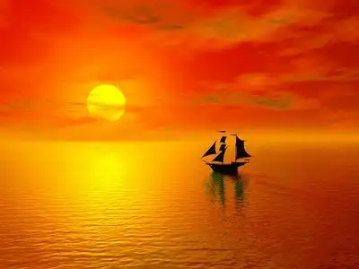 日落和帆船在水上帆船蓝色的大海的浮动黄色导航浮标孩子拖钓杆卷轴和