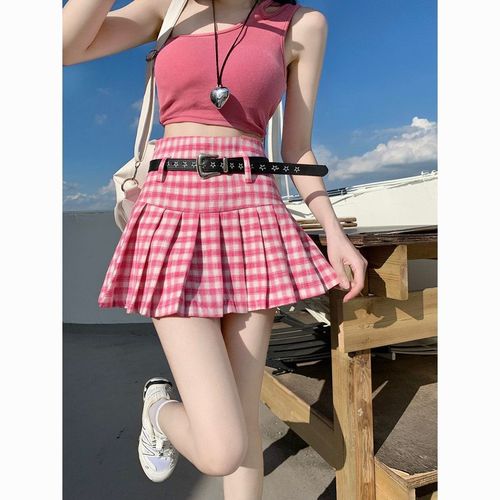 学院风美式高腰粉色格子短裙女夏季新款jk百褶裙配腰带a字半身裙