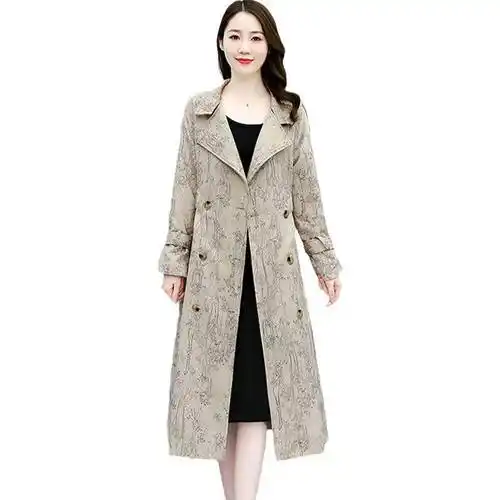 设计师女装 新款秋季长款风衣欧美英伦宽松ya麻条纹外套女现货秋冬