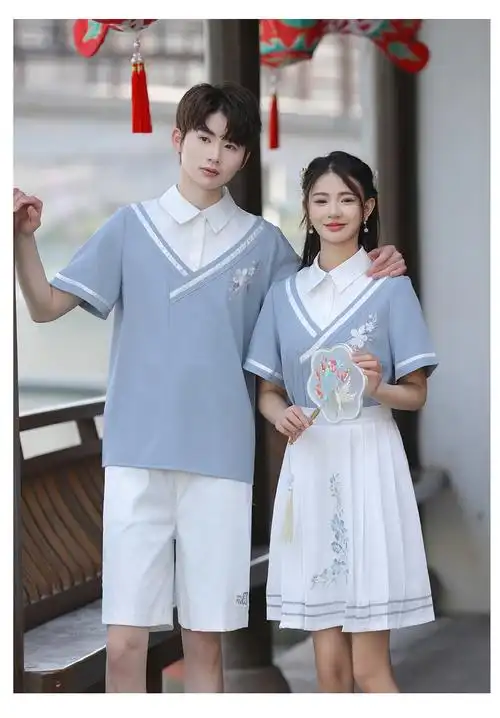 实拍情侣学院风复古刺绣国风夏季短袖套装班服 校服 - 17网