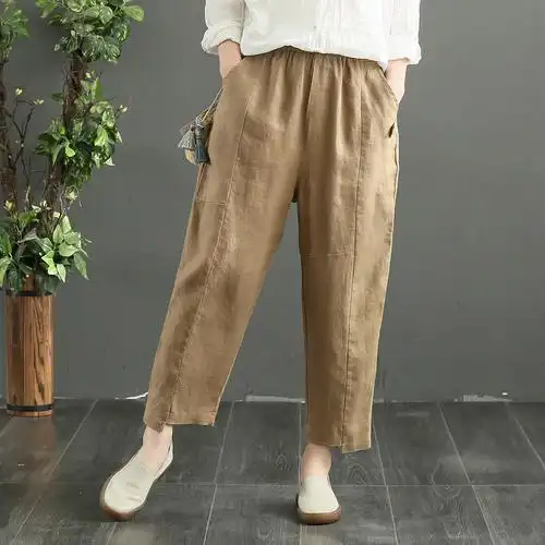 诗锦原创2021春夏季新款亚麻裤女哈伦九分棉麻休闲裤