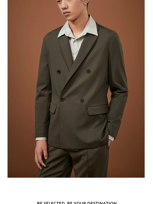 selected思莱德纯色双排扣商务西装外套男sig421472002草绿色190108a