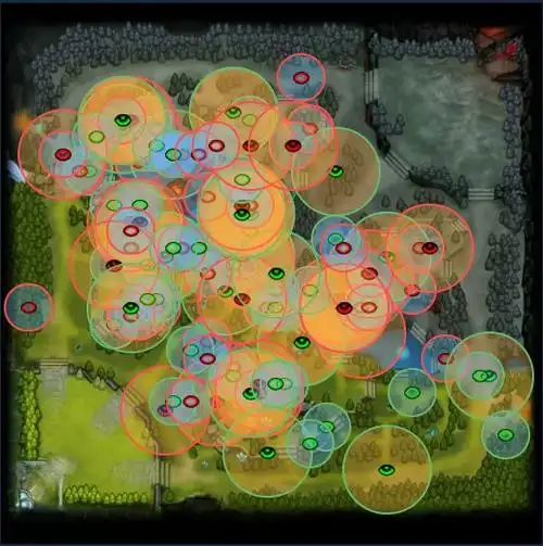 下图显示了完整的 dota 地图,左下角是 radiant 团队,右上角是 dire