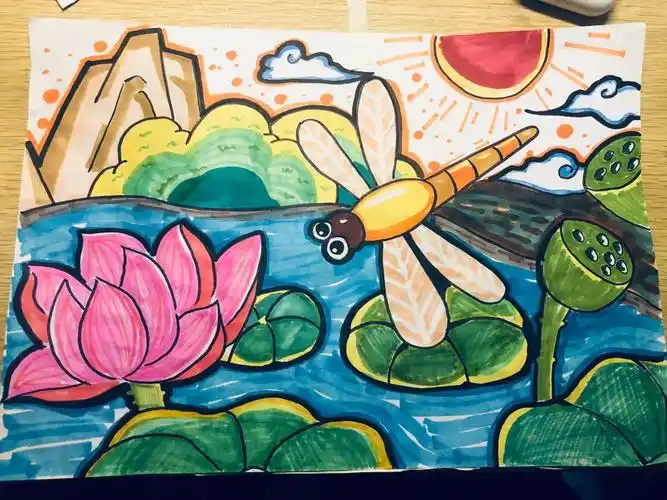 儿童画早有蜻蜓立上头