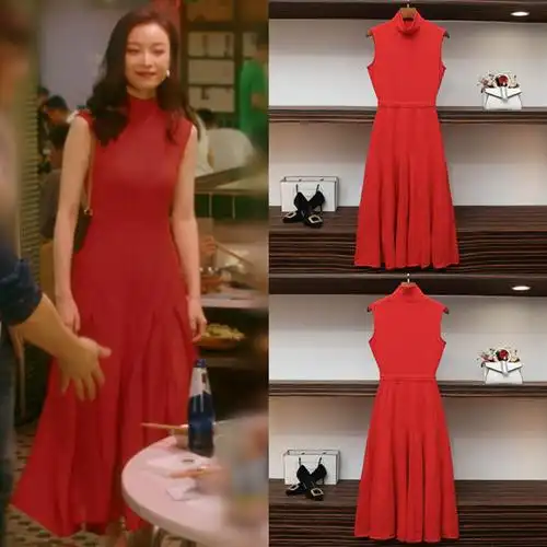流金岁月倪妮朱锁锁同款衣服女秋冬季气质红色长裙年会晚会连衣裙