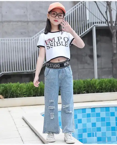 新款韩版运动休闲牛仔阔腿裤子两件套中大童3-15岁小女孩小学生衣服 n