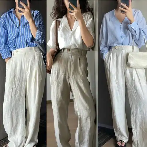 舒适慵懒感亚麻阔腿裤穿搭