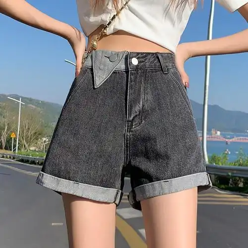 2022夏季新款三角拼接高腰卷边牛仔短裤女women jeans shorts