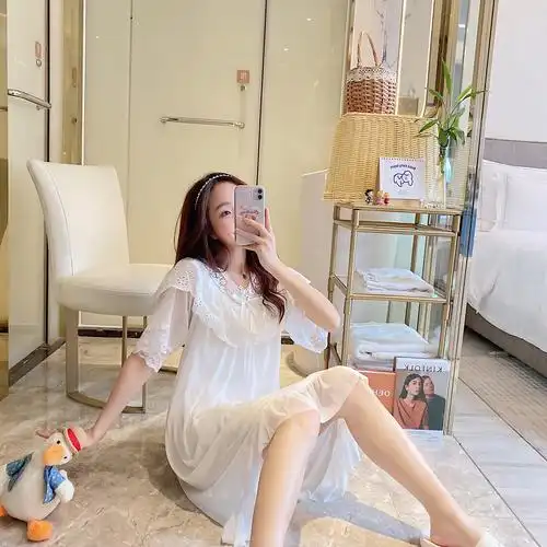 新款睡衣女夏短袖薄纱睡裙纯色公主风蕾丝性感中长款家居服连衣裙