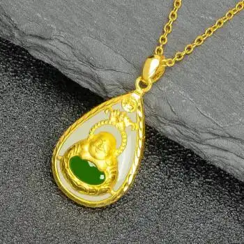 老凤凰黄金金镶玉佛吊坠999足金和田玉碧玉白玉水滴黄金佛女式送女友
