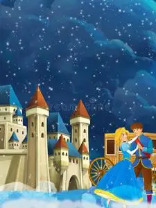 卡通场景与王子和公主-美丽的城堡和马车在背景照片