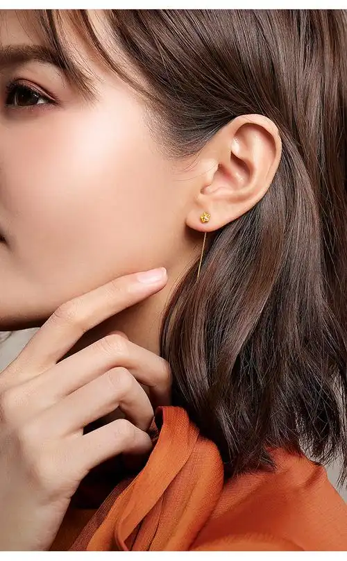 鑫万福黄18k金五角星车花星星黄金耳饰简约精致耳线修饰脸型