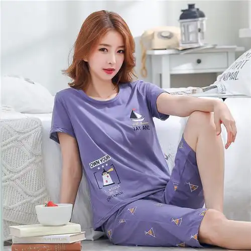 睡衣女夏季短袖短裤七分裤纯棉女士套装休闲可爱卡通可外穿家居服