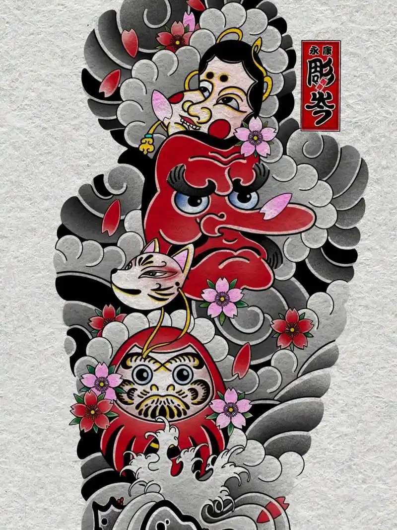 日式老传统花臂纹身手稿 私人定制