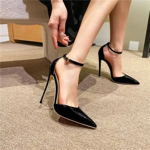 2023年夏季新款包头凉鞋12cm尖头细跟浅口女鞋一字带漆皮高跟鞋