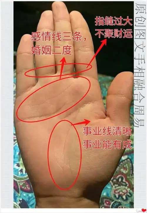 此手相女命主,感情线明显的两条,另外还有一条穿叉,形成了三条感情