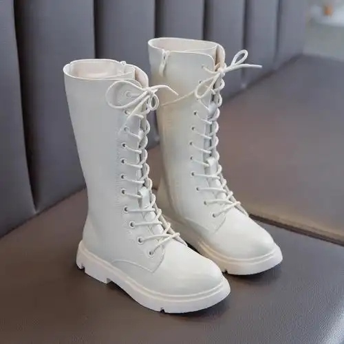 2022秋冬女童长筒单靴子女孩公主高筒棉靴真皮儿童加绒马丁靴白色