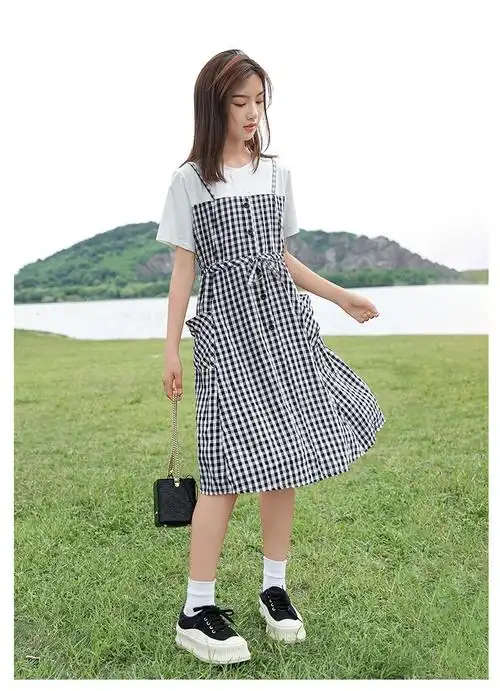 女童连衣裙夏季2022新款洋气夏装12中大童15岁女孩夏款格子裙子黑色