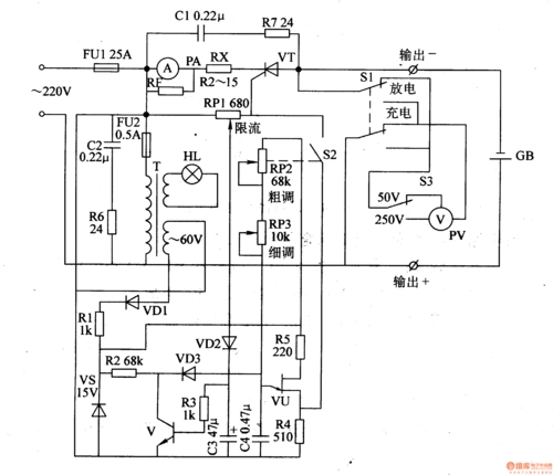 该机动车蓄电池充电器电路由电源电路,脉冲形成电路和恒流充电电路