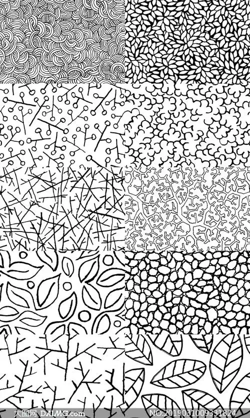 树叶与线条等元素黑白无缝背景图片_大图网图片素材