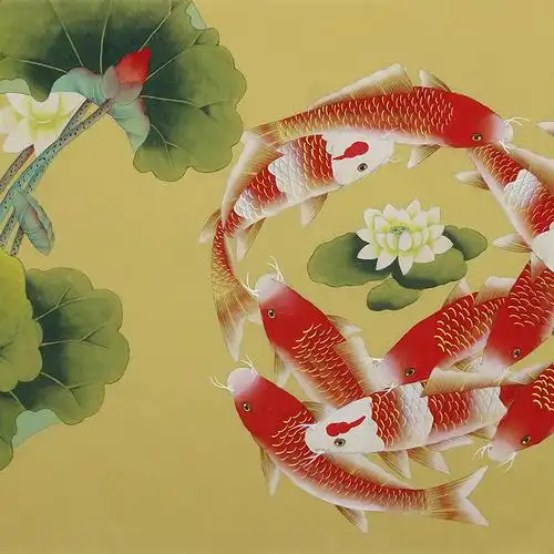 九鱼国画名家手绘客厅装饰画荷花聚财风水招财国画