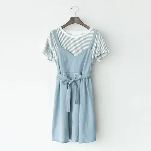 夏季新品韩版学院风圆领显瘦撞色条纹t恤 宽肩带百搭牛仔背带裙套装