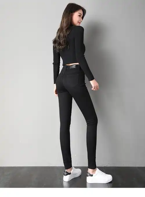 春季高腰高弹力牛仔裤女午子牛孑库黑色九分裤2020冬季紧身加绒带绒