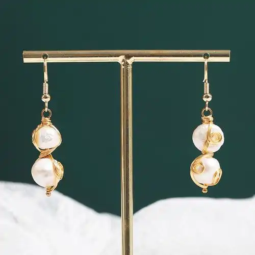 中国风天然珍珠耳环 原创设计18k金手工款长款耳钉小众汉服耳饰