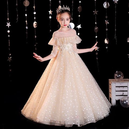 一折中袖礼服长裙_定制生日礼服公主裙新款洋气女孩蓬蓬纱中袖长裙