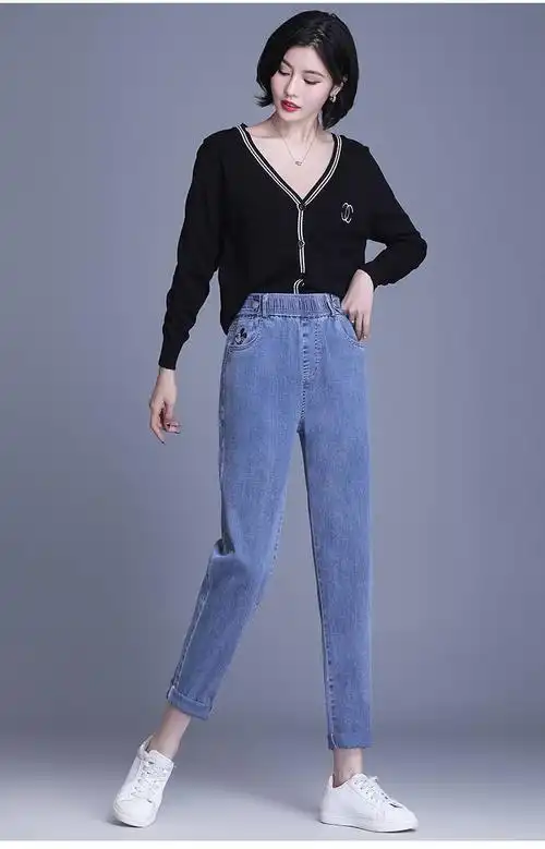 施悦名 韩版高腰牛仔裤女秋冬新款宽松哈伦裤女显瘦时尚百搭九分裤