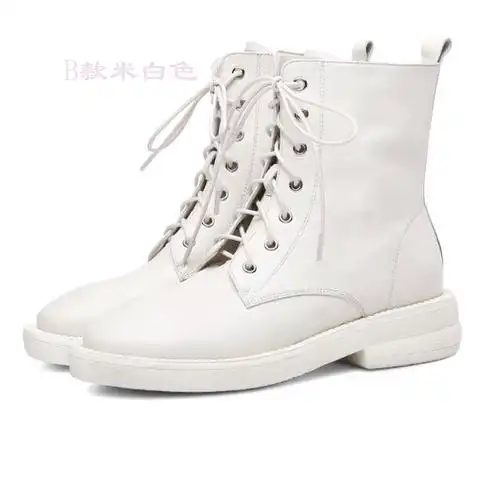 秋冬英伦风厚底鞋子复古白色马丁靴女短靴圆头平底粗跟真皮高帮鞋