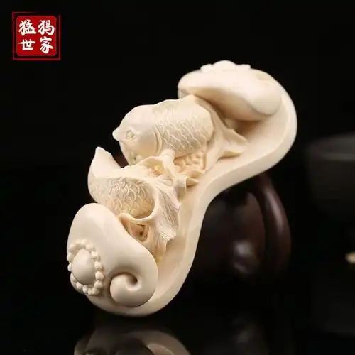 猛犸象牙如意金玉满堂摆件 创意作品精工镂空雕刻十年老师傅手艺-淘宝