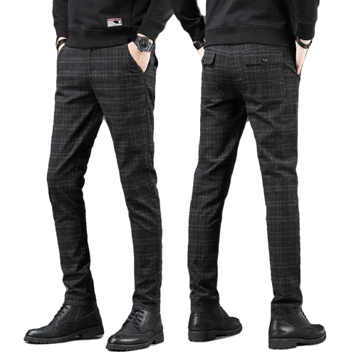 2024新款男士休闲裤格子小脚西裤修身商务潮流百搭灰色男款裤子男-阿