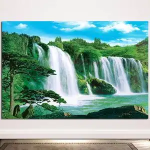 青山绿水流水生财迎客松招财旺业山水风景画玄关入户客厅墙贴挂画