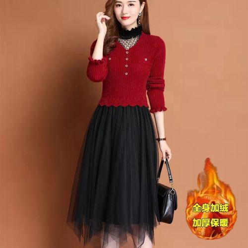 针织连衣裙秋冬2021年新款女装貂绒假两件套蕾丝配大衣打底裙子女