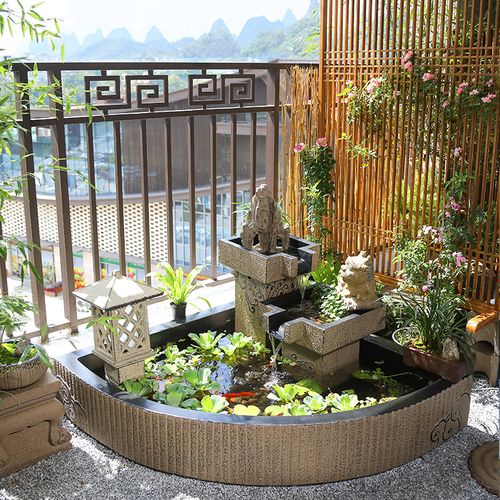 汉韵堂创意阳台鱼池水景花园布置庭院水池装饰造景假山盆景植物流水