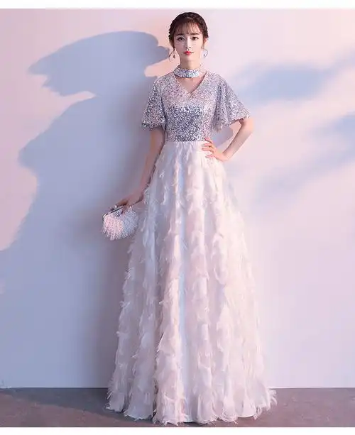 晚礼服裙女2020新款宴会高贵优雅名媛长款显瘦晚宴主持人2020 银白色