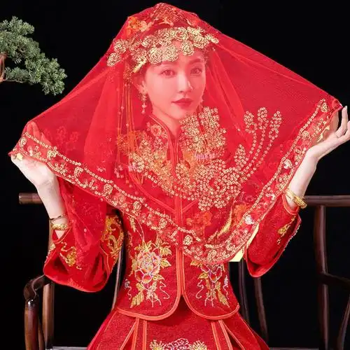 新娘红盖头结婚复古刺绣软头纱高档秀禾服喜帕中式婚礼红色蒙头巾