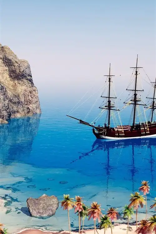 3d图片,海,海岸,海滩,棕榈树,帆船,山 iphone 壁纸
