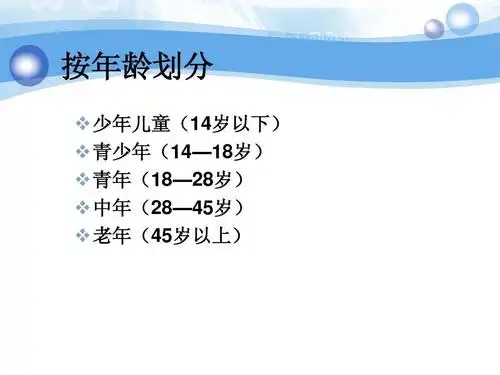 按年龄划分  少年儿童(14岁以下)  青少年(14—18岁)  青年(18—28岁)