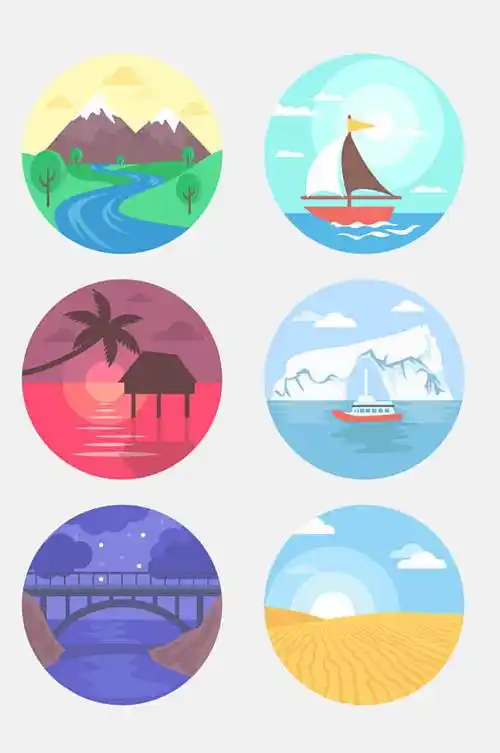 素雅树木圆形清新风景插画免抠素材