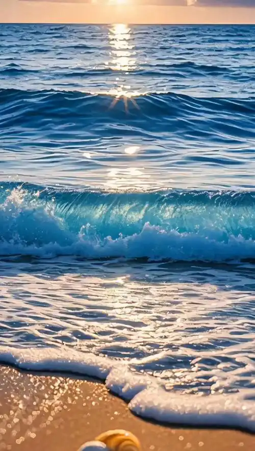 海浪轻吻着沙滩,金色阳光像融化的蜜糖般铺满每一粒沙,海风裹挟