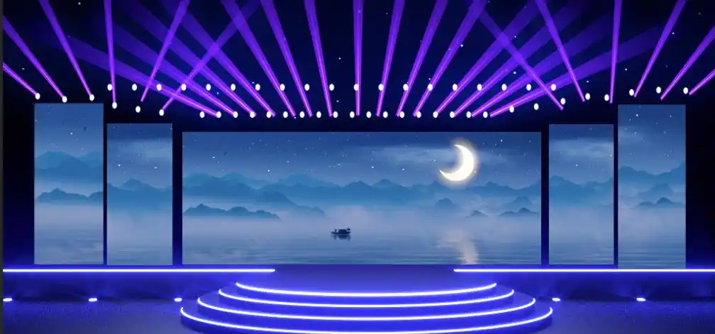中国风舞台背景 水墨月亮群山小船