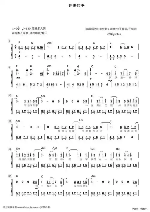 简谱李佳欢feat许维芳如果的事原唱范玮琪张韶涵附歌词和弦